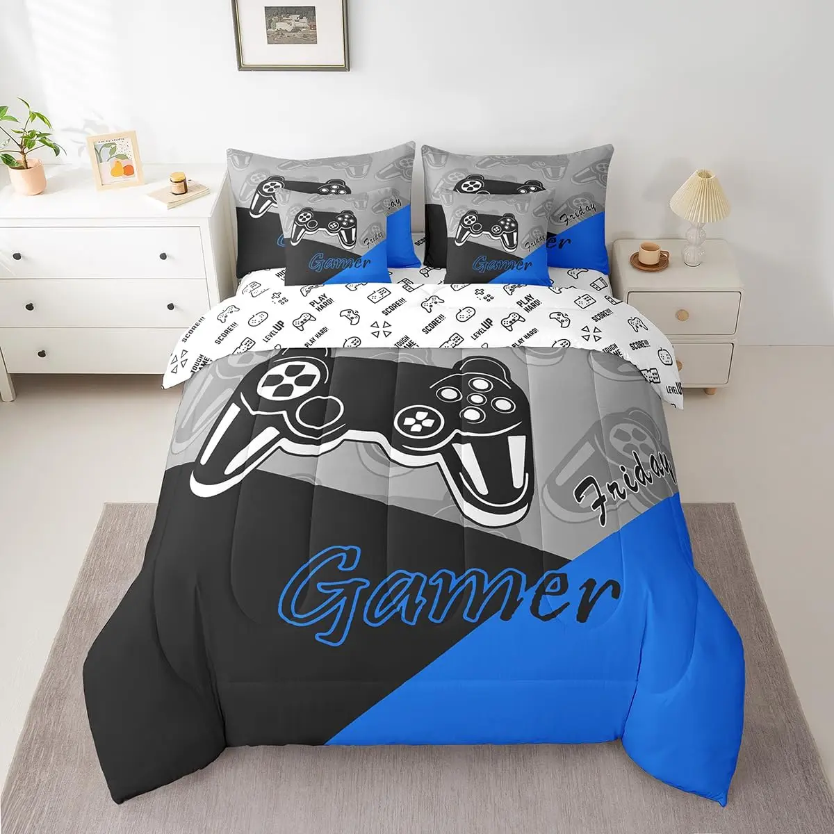 Feelyou 7-Piece Gaming Microfiber Bedding Quilt Set - All-Season Soft Breathable, Fitted Sheet, Comforter, Bed Blanket, Bold Graphic Print for Gamers (Bedding Sets Collections), Bedsheet Sets