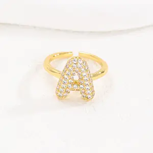 GGIRL Charm Cute14K Gold Plated Balloon Bubble 26 Letters Capital Monogram Initial Ring For Women Men, Fashion Open Ring With Cubic Zircon Index Finger Party Ring, Exquisite Female Jewelry Gift For Everday