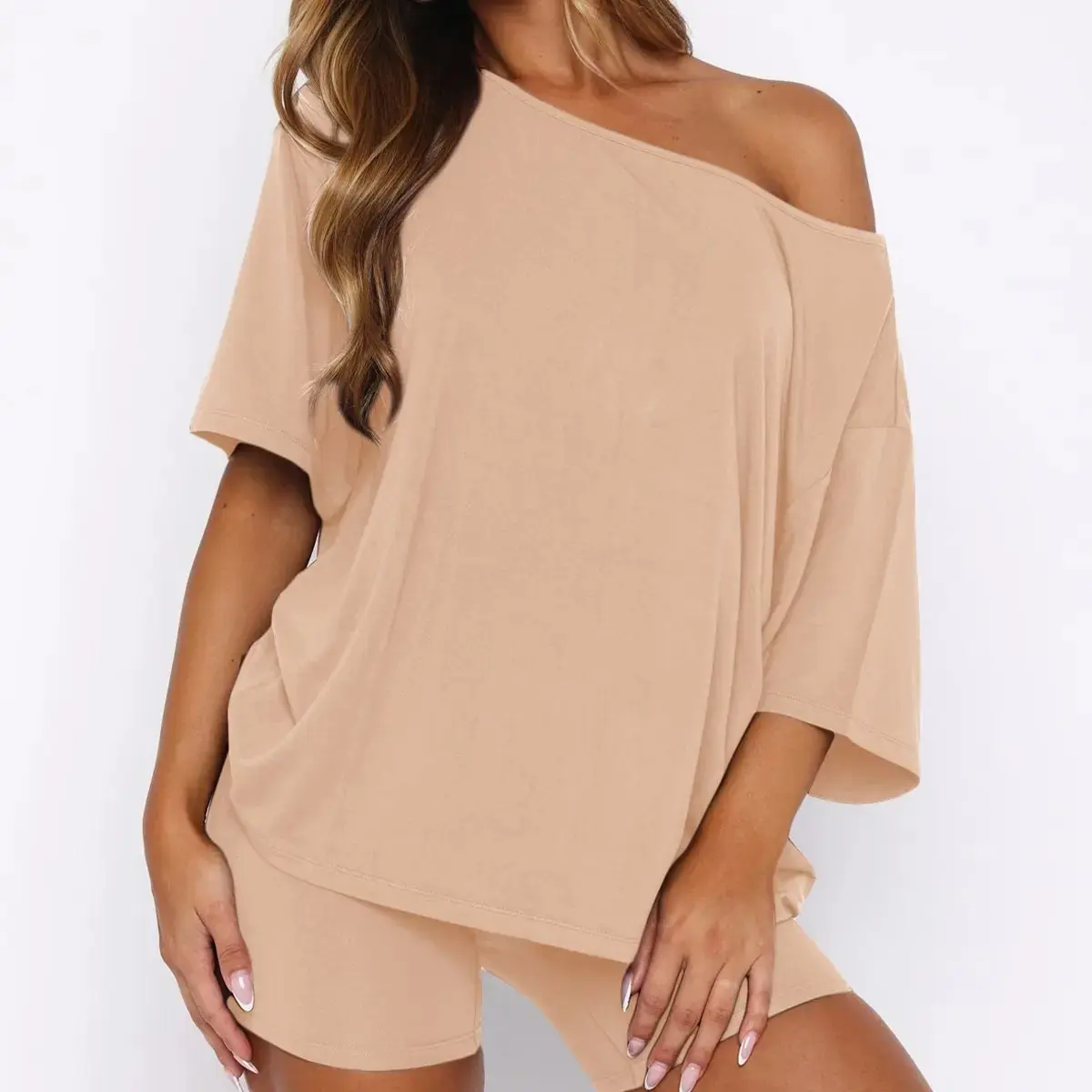 Women's 2 Piece Loungewear Set Off Shoulder Oversized T-Shirt and Biker Shorts Casual Outfits Comfy Matching Set Women Off The Shoulder Top and Shorts 2 Piece Pajamas Loungewear