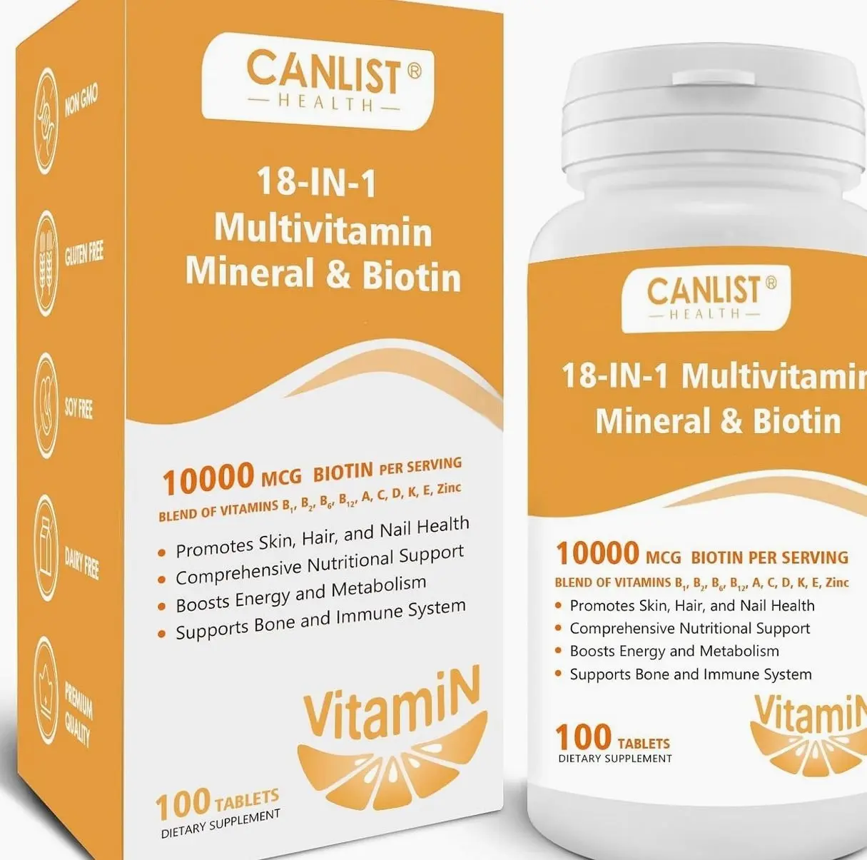 Hair Skin and Nails Multi-Vitamin for Men & Women, 10000mcg Biotin & Multimineral, Contains B-Vitamins, Vitamins C, E & D3, Trace Minerals, Zinc, Gluten-Free, Dairy-Free, Soy-Free, 100 Tablets