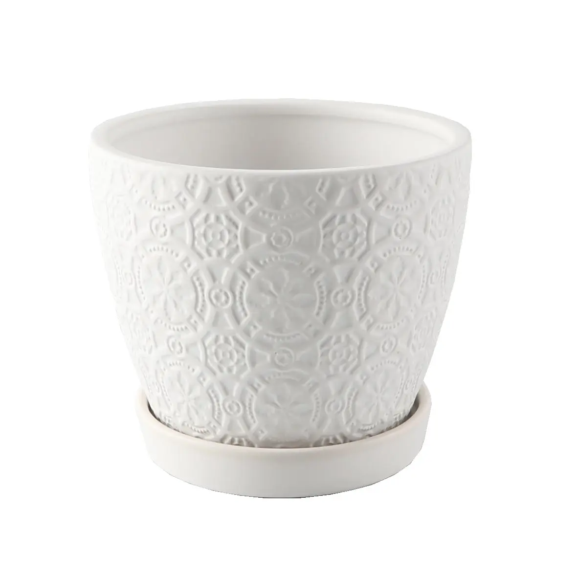Flora Bunda CT1485E-MTWH Handmade Chic Nature Indoor Ceramic Flower Pot & Planter, Matte White 5.75in Cathedral Design with Saucer, 5.8x5.8x5in, 2.3lb, No Drainage Hole, Artisan-Crafted Garden Supply