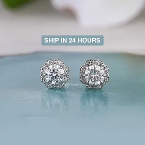 Floral Moissanite Round Cut Halo Stud Earrings