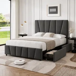 SA-Garvee Twin to King Upholstered Bed Frame with 4 Drawers, Linen Adjustable Bed Frame with Durable Wooden Slats, Sturdy Framework, Noise Free Sleep, No Box Spring Needed, Easy Assembly, Dark Grey
