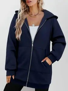 Women's Mid-Length Hooded Zipper Sweatshirt Jacket, Loose Fit Casual Pocket Long Sleeve Cardigan, Fall Winter Daily Commute Outerwear
