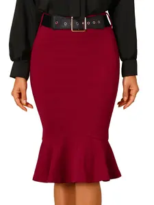 INSPIRE CHIC High Waisted Mermaid Ruffle Hem Pencil Skirt with Belt Wine Red