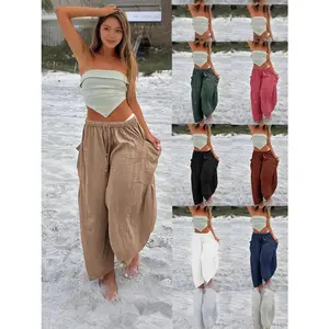 Women's Elastic Waist Pleated High Waist Wide Leg Pants Loose Casual Linen Cotton Long Trousers Breathable Summer Beach Outfit