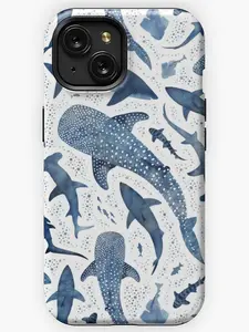 Monochrome blue watercolor shark ocean on white iPhone Case & Cover