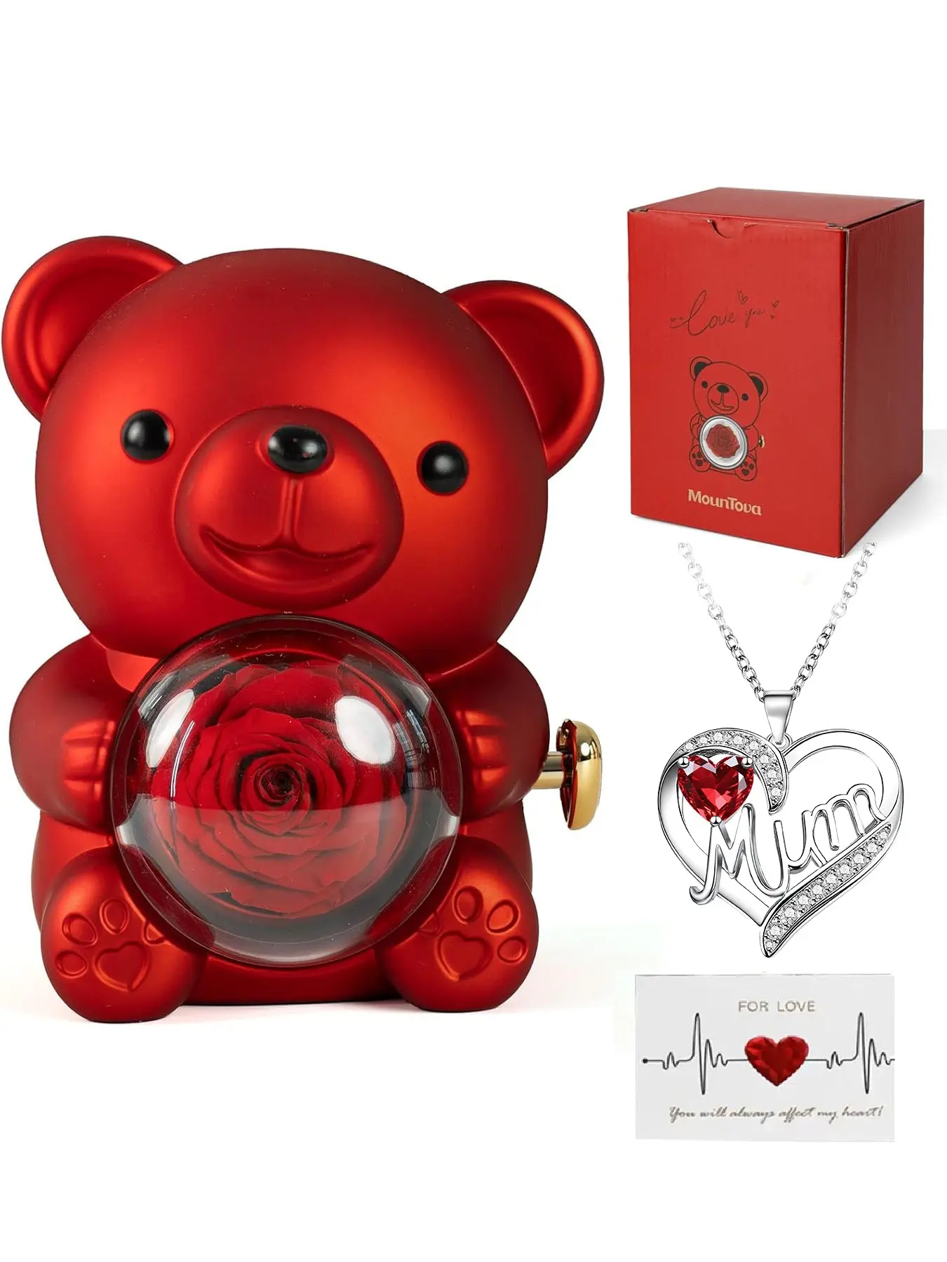 A romantic teddy bear paired with everlasting roses and a heart-shaped engraved necklace, beautifully packaged in a gift box. An ideal gift for mom on Valentine's Day, wedding, Mother's Day, etc., Exquisite Jewelry Gift, Love Heart Necklace