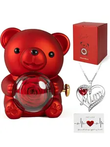 A romantic teddy bear paired with everlasting roses and a heart-shaped engraved necklace, beautifully packaged in a gift box. An ideal gift for mom on Valentine's Day, wedding, Mother's Day, etc., Exquisite Jewelry Gift, Love Heart Necklace