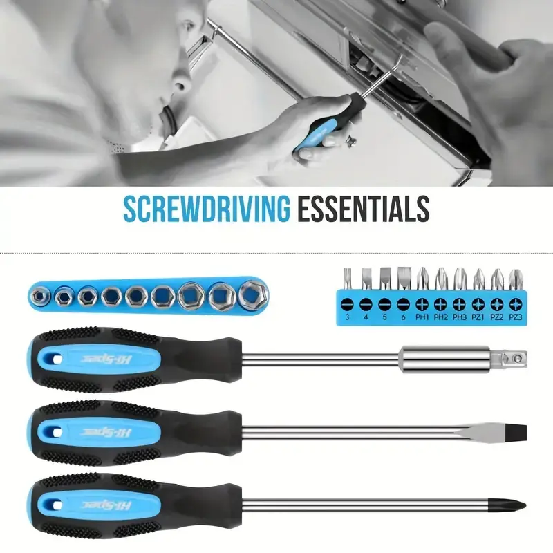 36-Piece Home Repair Toolkit - Portable Blue Toolbox with Screwdrivers, Pliers, Hammer & Hex Wrenches