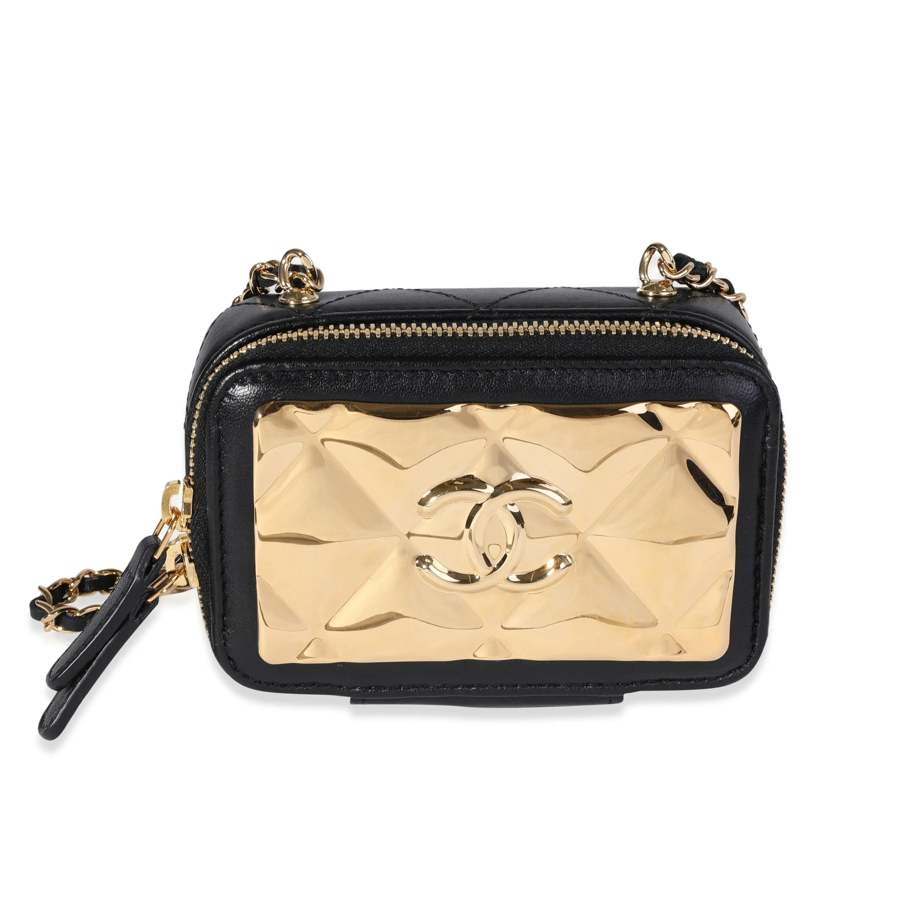 Pre-owned CHANEL Leather Crossbody Bag;Evening Bag;Shoulder Bag Gold Quilted Metal & Black Lambskin Mini Vanity Bag Purse Women
