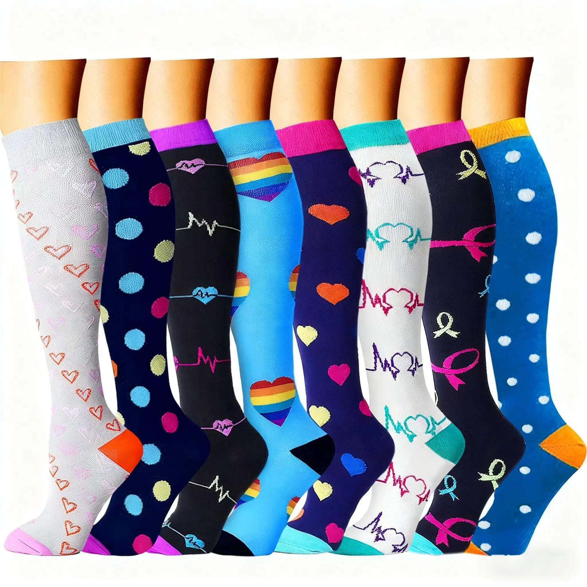Unisex Patterned Knee-High Compression Stockings (6 Pairs, Nylon Blend) - Training Support, Improve Endurance, Office & Hiking Use, Machine Washable Over the Knee Socks