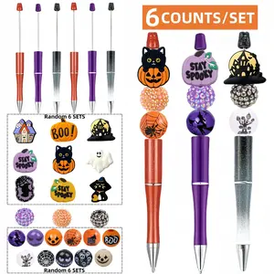 Ballpoint Pen Kit Set, 6 Counts/set Beaded Pens Funny Teacher Pens Pumpkin Ghost House Design Ballpoint Pen with Silicone Bead & Wooden Bead, Halloween Themed Office Stationery & Supplies