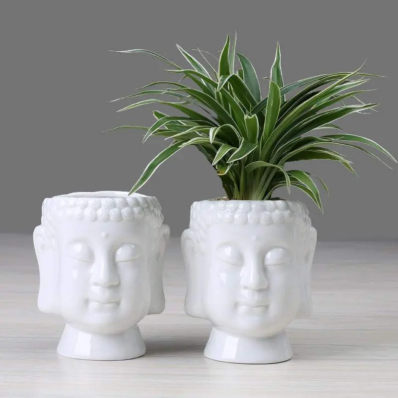 Ceramic Buddha Head White Flower Pot