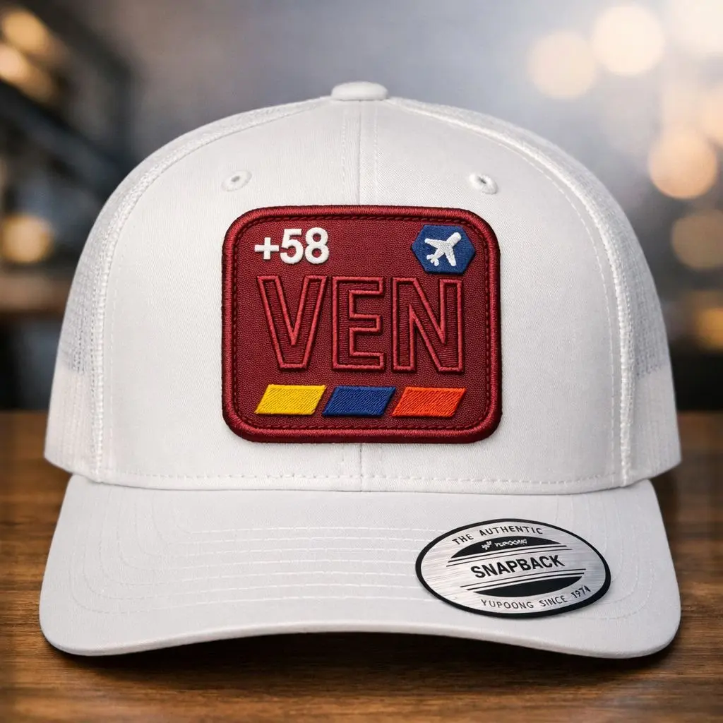 VENEZUELAN HATGorra trucker premium color blanco con parche bordado inspirado en Venezuela . Diseño exclusivo “VEN +58” elaborado con bordado de alta calidad y acabado detallado para un look moderno y auténtico.