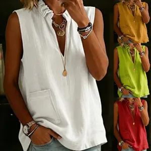 VVZ 2026 Women's Casual Sleeveless Blouse, Ruffle Collar V Neck Tank Top with Pocket, Loose Fit Summer Shirt for Commuting, Daily Wear or Vacation