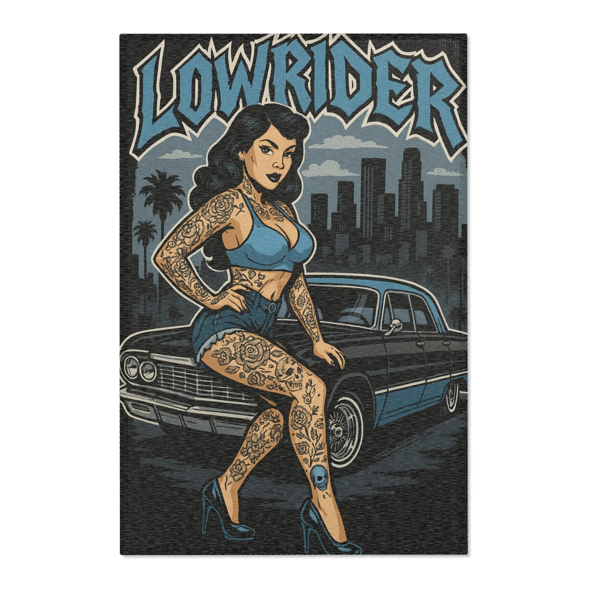 Lowrider Vintage Area Rug - Retro Tattoo Design for Car Enthusiasts