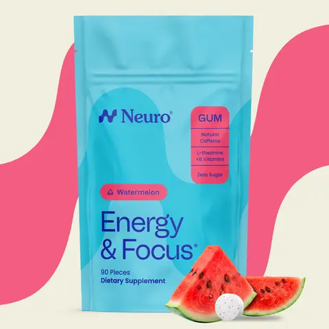 Neuro Watermelon Energy & Focus Gum - Sugar Free with Natural Caffeine, L-Theanine, Vitamin B12 & B6 | No Jitters, No Crash