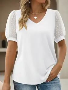 [Plus Size] Basic Plain V Neck Tee, Casual Short Sleeve Fitted T-shirt for Summer, Women's Plus Clothing for Daily Wear, Lady Top, Womenswear