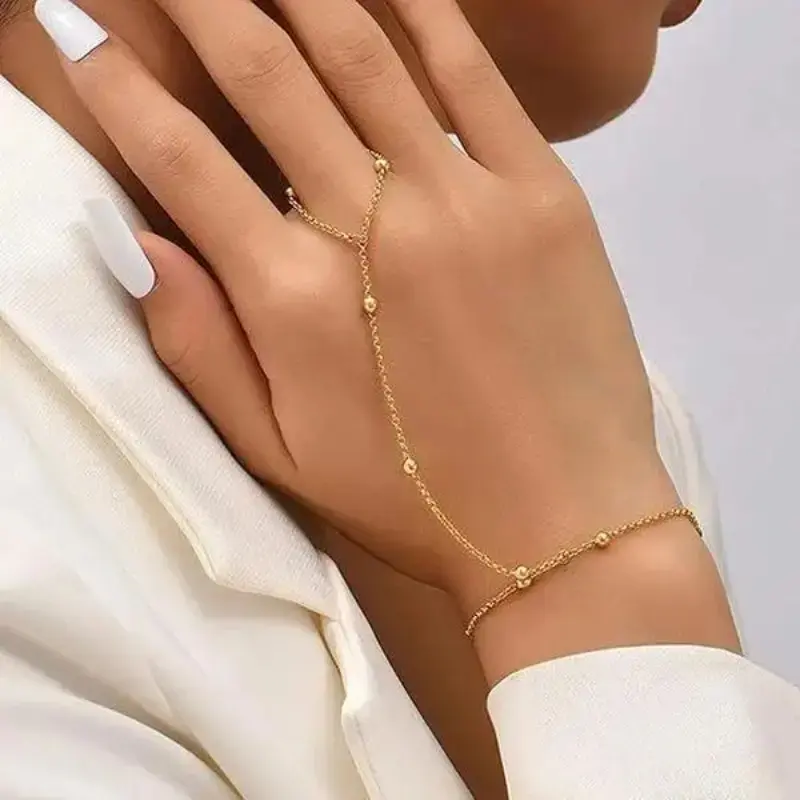 Dainty 18K Gold Plated Hand Chain With Attached Finger Ring Bracelet, Anti-Tarnish Minimalist Wrist Hand Jewelry, Sleek Everyday Wear Accessory, Elegant Fashion Ornament & Thoughtful Small Holiday Birthday Gift For Women