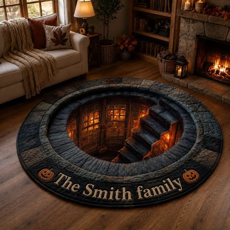 Custom Gothic 3D Library Abyss Round Area Rug - Spooky Halloween Optical Illusion Circle Floor Mat, Non-Slip Soft Flannel Carpet for Cozy Living Room Decor, Fall Housewarming Gift