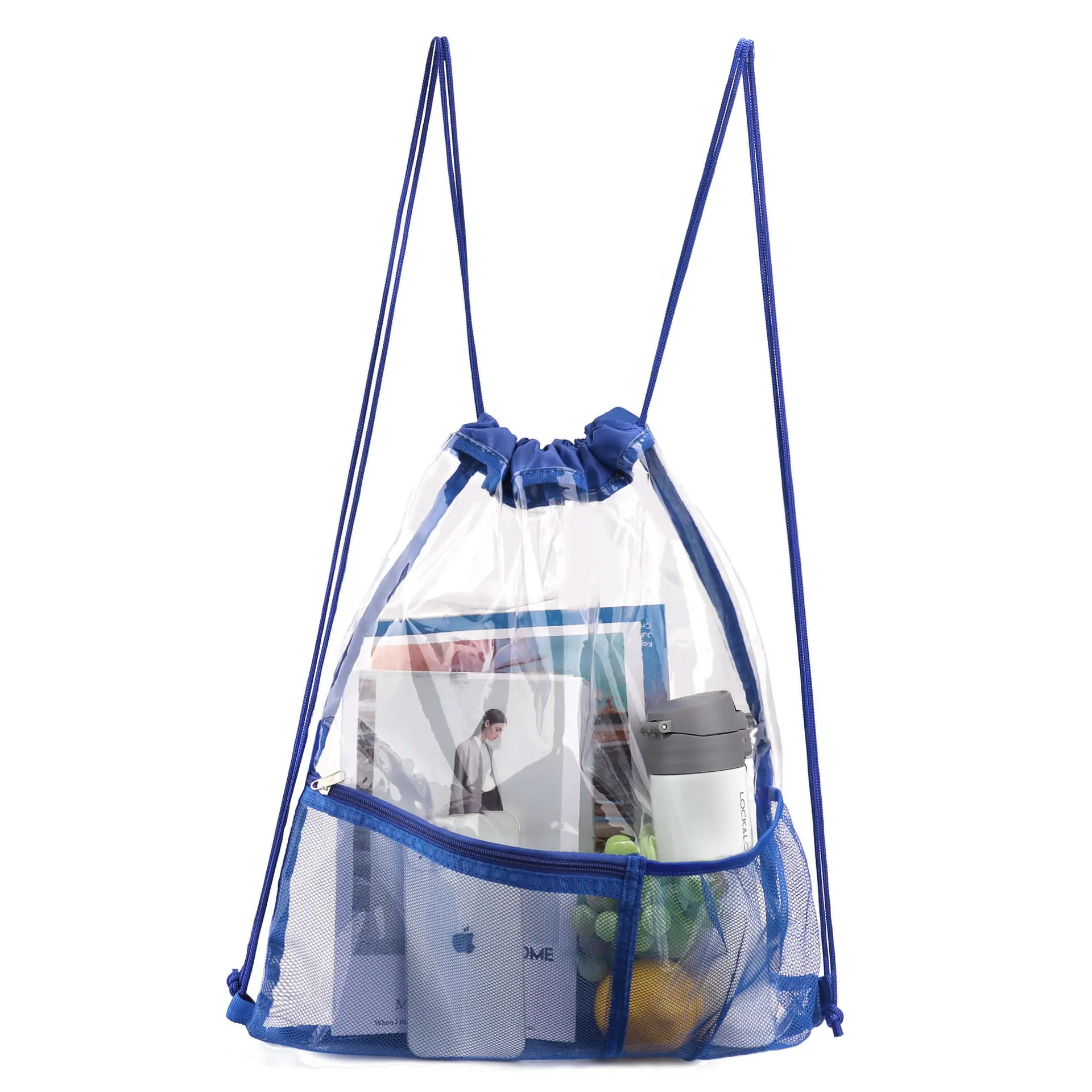 Funshop Clear Drawstring Bag Large PVC Drawstring Backpack with Bottle Holder and Front Zipper Mesh Pocket for Sporting Beach Swimming