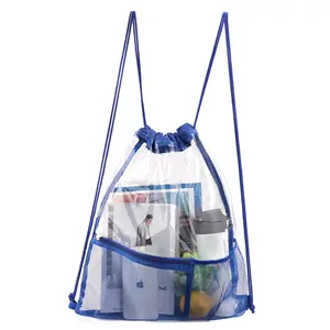 Funshop Clear Drawstring Bag Large PVC Drawstring Backpack with Bottle Holder and Front Zipper Mesh Pocket for Sporting Beach Swimming