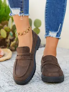 Women's Line Stitching Casual Loafers, Flats, Elegant Large Size Comfortable PU Leather Walking Shoes, Fashionable Office Wear, Multi-Functional Design, Rubber Sole, Footwear