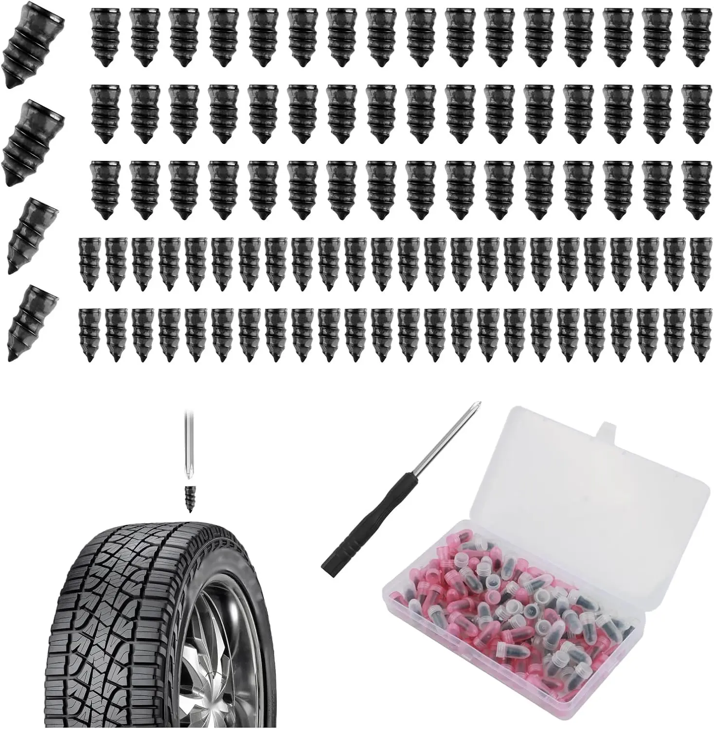 Self-Service Tire Plug Repair Kit,100PCS Car Tire Plugs Kit, Includes Large & Small Tires Repair Screws, Screwdriver, Universal Screw in Tires Plugs Kits Car Accessories for Puncture