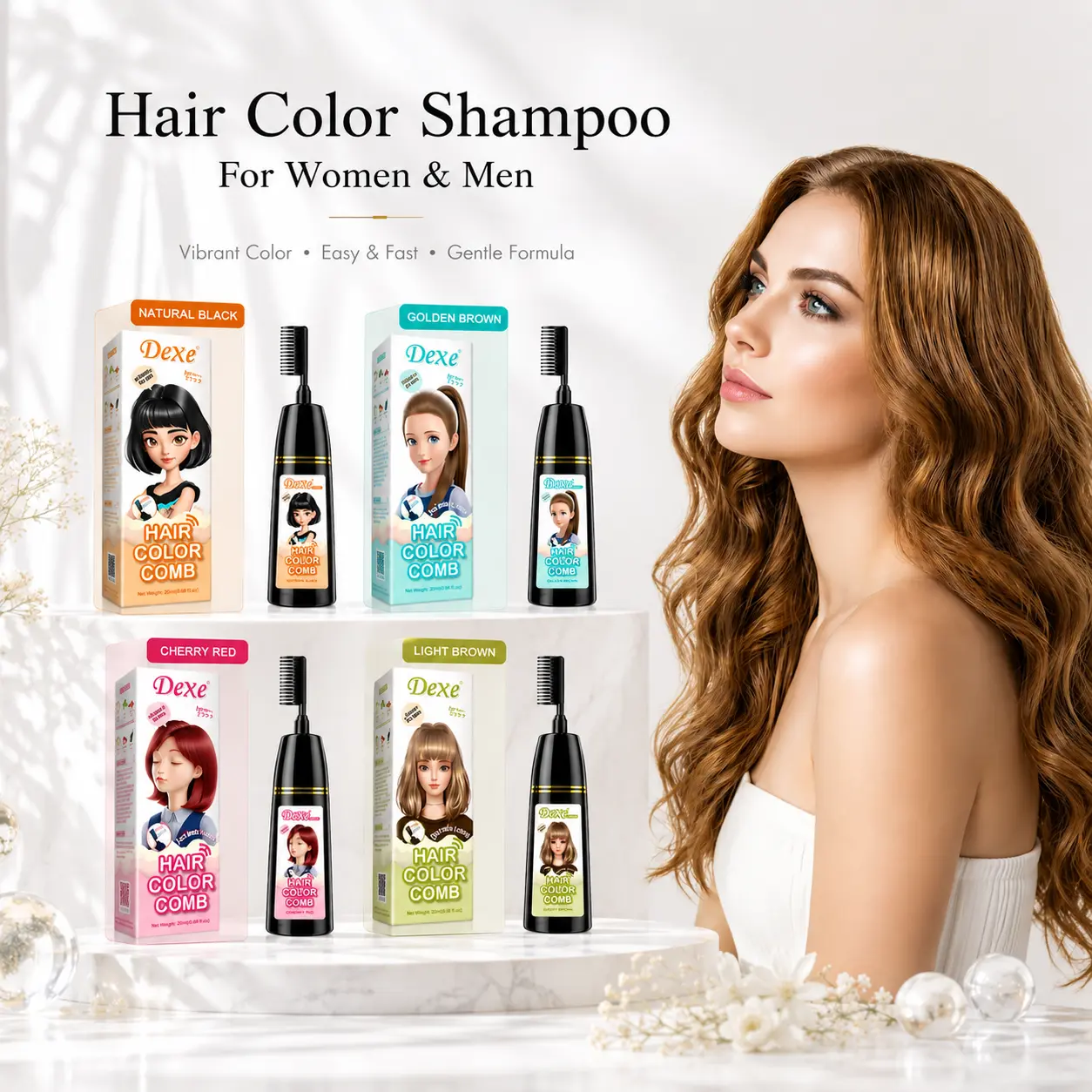 Home Use Integrated Comb Semi-Permanent Hair Dye Cream - Plant Essence, Mild, No Damage, Long-Lasting Fade-Resistant, Ash Brown & Ash Blonde Highlights Color Fixation Haircolor Haircare