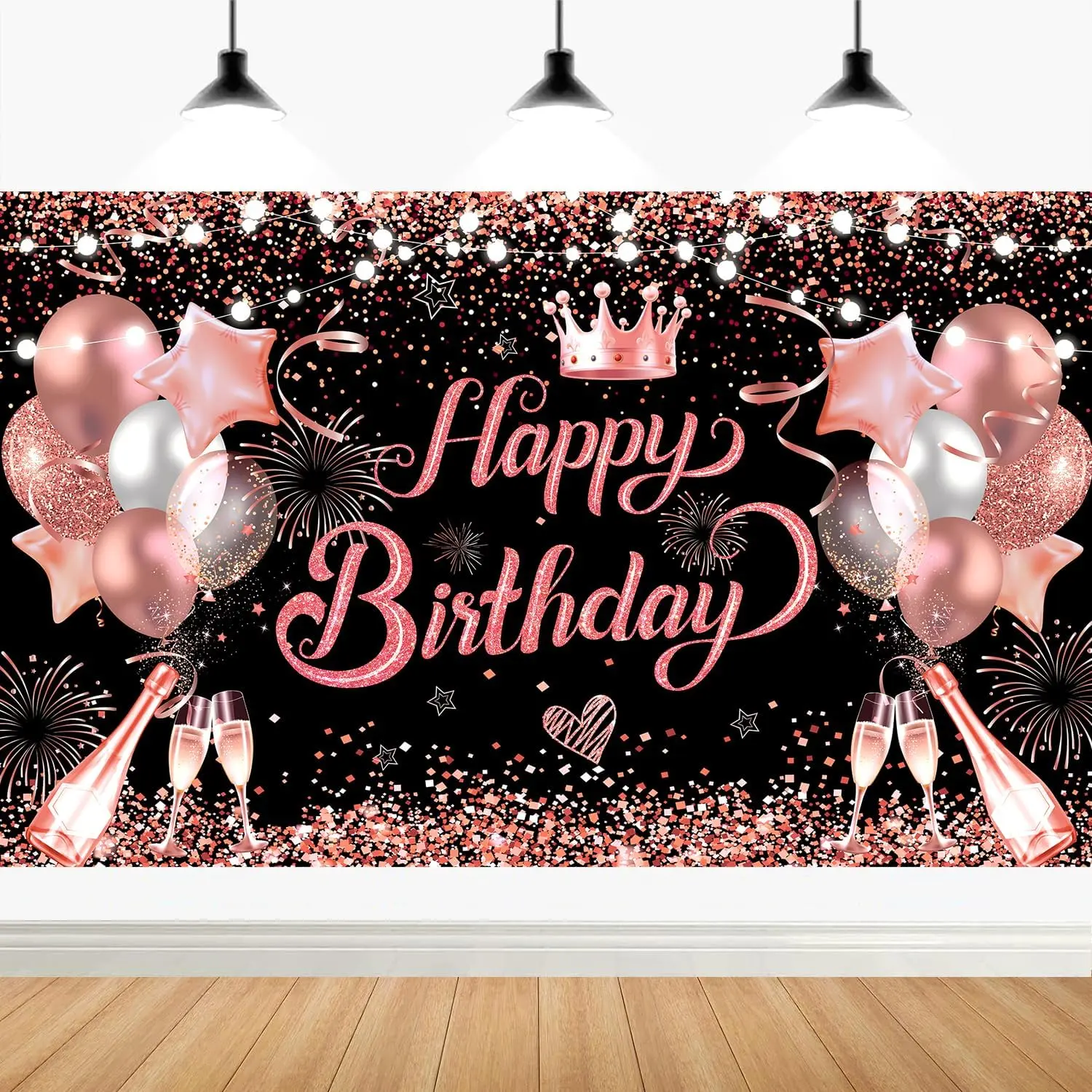 180x120 cm Glitter Rose  Happy Birthday Photo Backdrops Cloth Pink  Happy Birthday Photography Backgrounds Banners Rose Golden Happy Birthday Sign Decorations for Women Girl