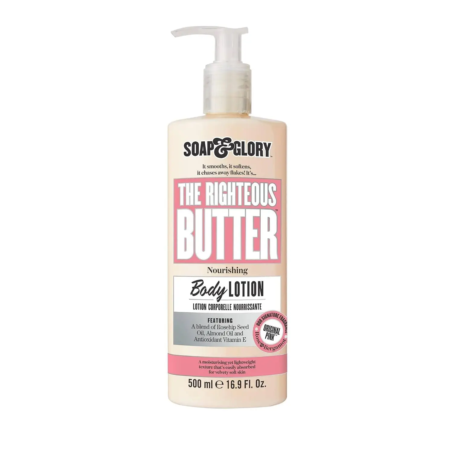 Soap & Glory Original Pink Moisturizing Body Lotion Pump, 16.9 oz | Lightweight Body Cream for Dry Skin, Hydrates & Softens with Shea Butter, Vitamin E & Aloe Vera, Rose & Bergamot Scent