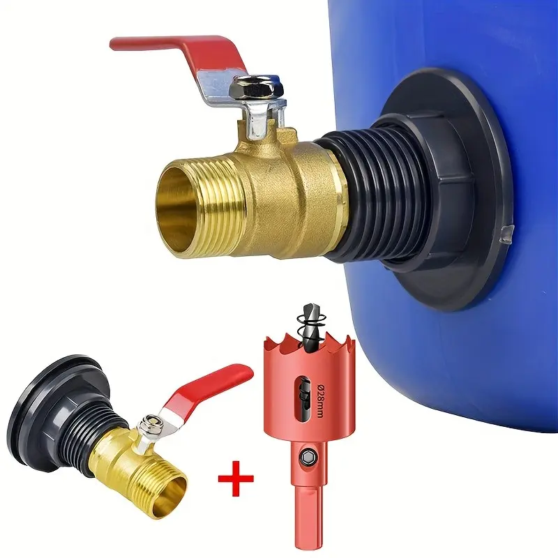 Durable Rain Barrel Connector Kit with Hole Puncher, PVC Large Body Adapter, Brass Ball Valve, Aquarium Parts, Fits 1/2"-Dn15 External Thread Connectors, Garden Hose Connectors
