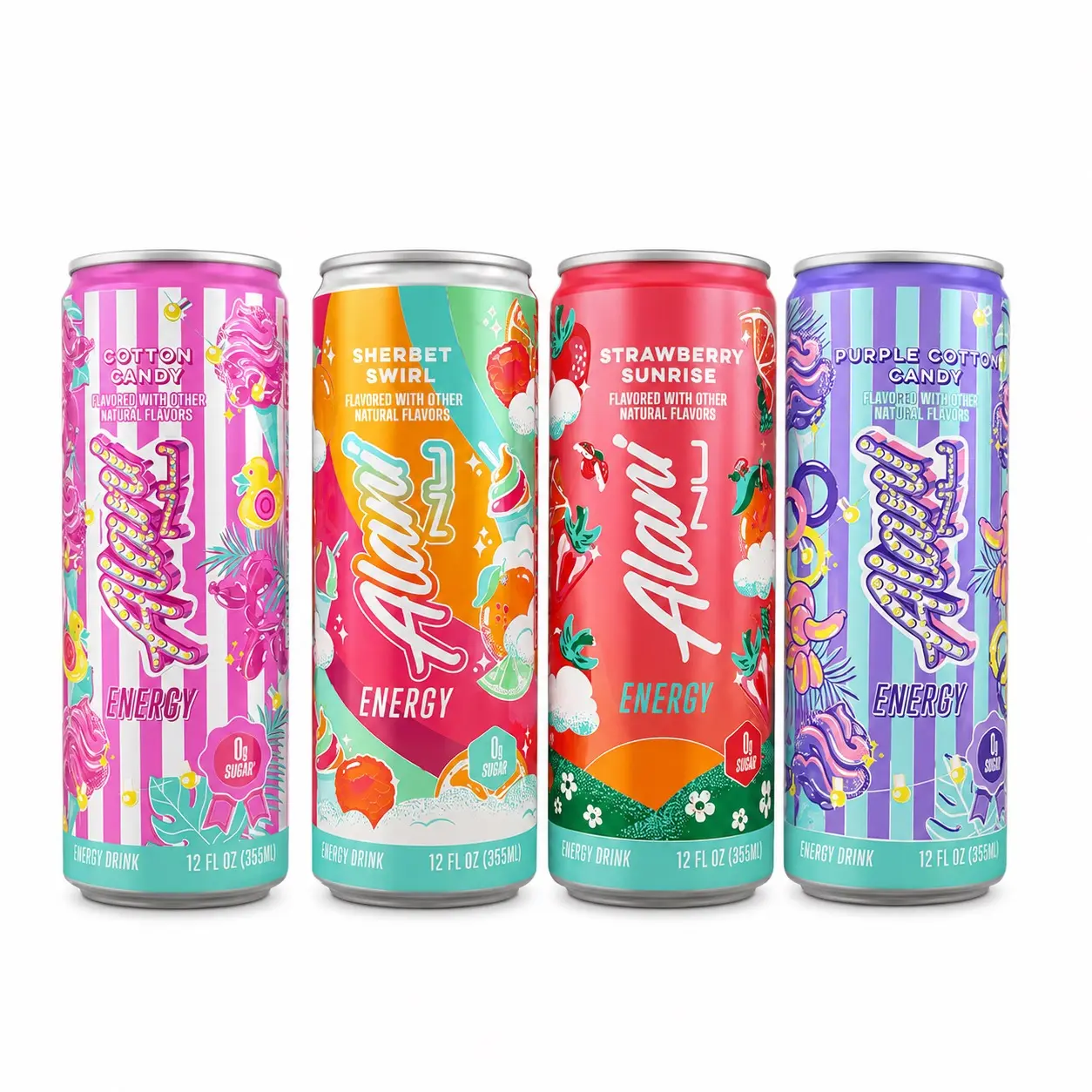 Alani Nu Caffeinated Energy Beverage 4-Pack - Sweet Flavors: Cotton Candy, Sherbet Swirl, Strawberry Sunrise, Purple Variety (Beverage for Sports & Daily Boost)