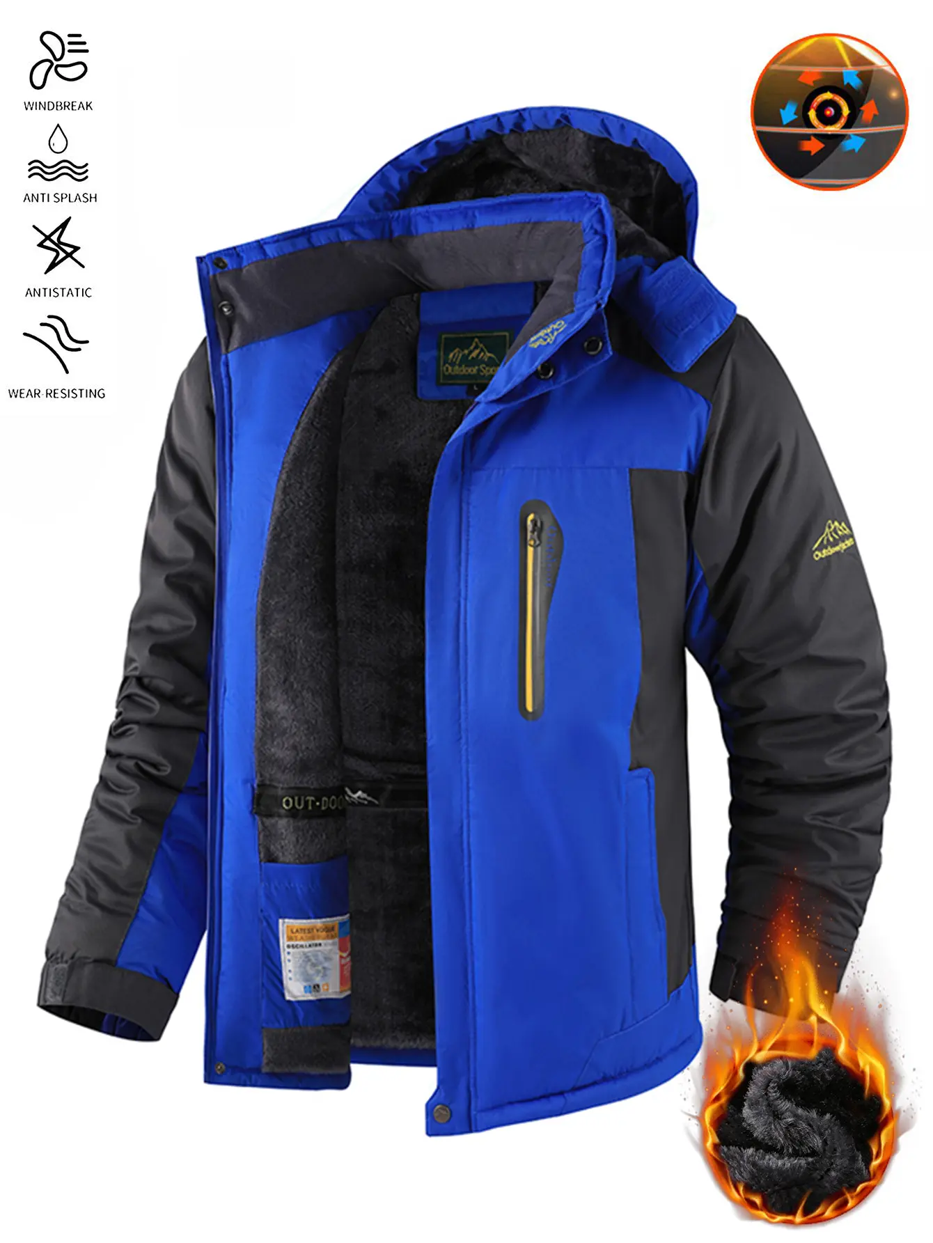 Male Normal Type Colorblock Sports Outerwear, Men’s Fleece-Lined Hooded Ski Jacket - Windproof, Water-Resistant, Detachable Hood, Multiple Zippered Secure Pockets, Adjustable Cuffs, Heavy Warm Insulated - For Skiing, Cold Weather (Dry Clean Only)