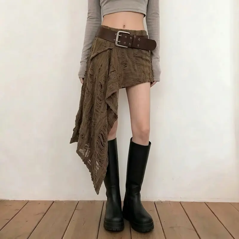 Women's Y2K Brown Asymmetrical Mini Skirt | Boho Handkerchief Hem Fairy Grunge Festival Skirt