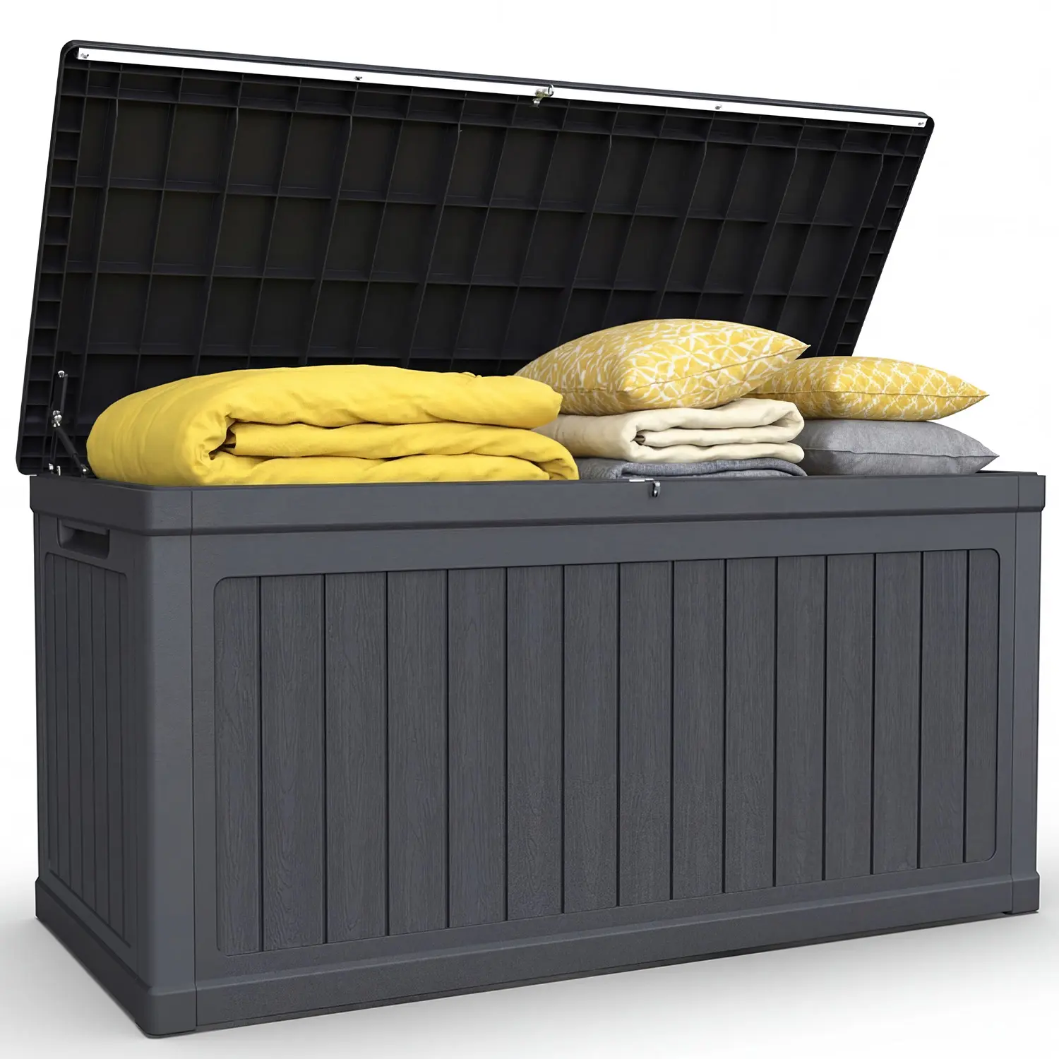 320 Gallon XXL Outdoor Storage Deck Box Waterproof UV Resistant Resin Lockable for Patio Furniture Cushions Garden Tools Pool Sports Equipment Black Double Wall Construction,outdoorfurnitureset