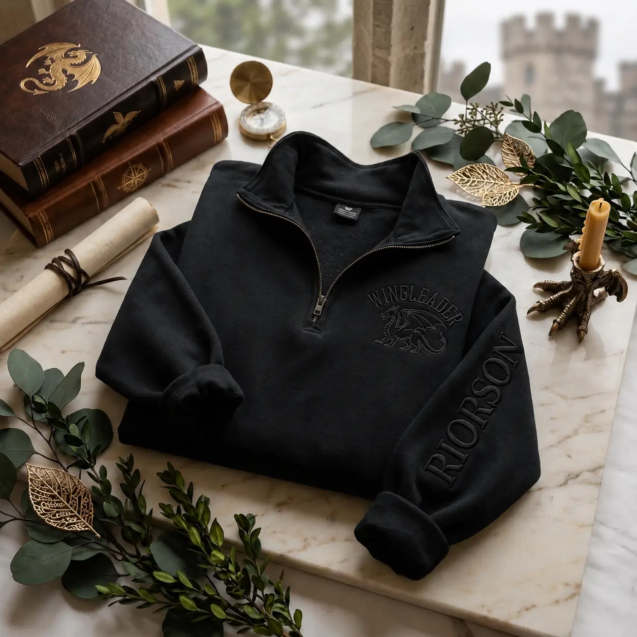 Tone on Tone - Wingleader Embroidered Quarter Zip Sweatshirt, Fourth Wing Inspired Riorson Shirt, Dragon Rider Sweater, Book Lovers Shirt, Dragon Crewneck