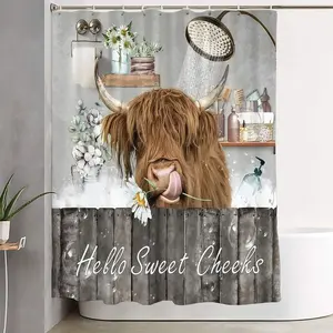 1/4pcs Rustic Highland Cow Bathroom Set, Bathroom Decoration Accessories, Shower Curtain + Toilet Cover + 2 Mats, Handwritten 'Hello Sweet Cheeks', Wooden Panel Backdrop, Shaggy Brown Cow with Daisy, Potted Plants & Bottles, Playful Cozy Decor