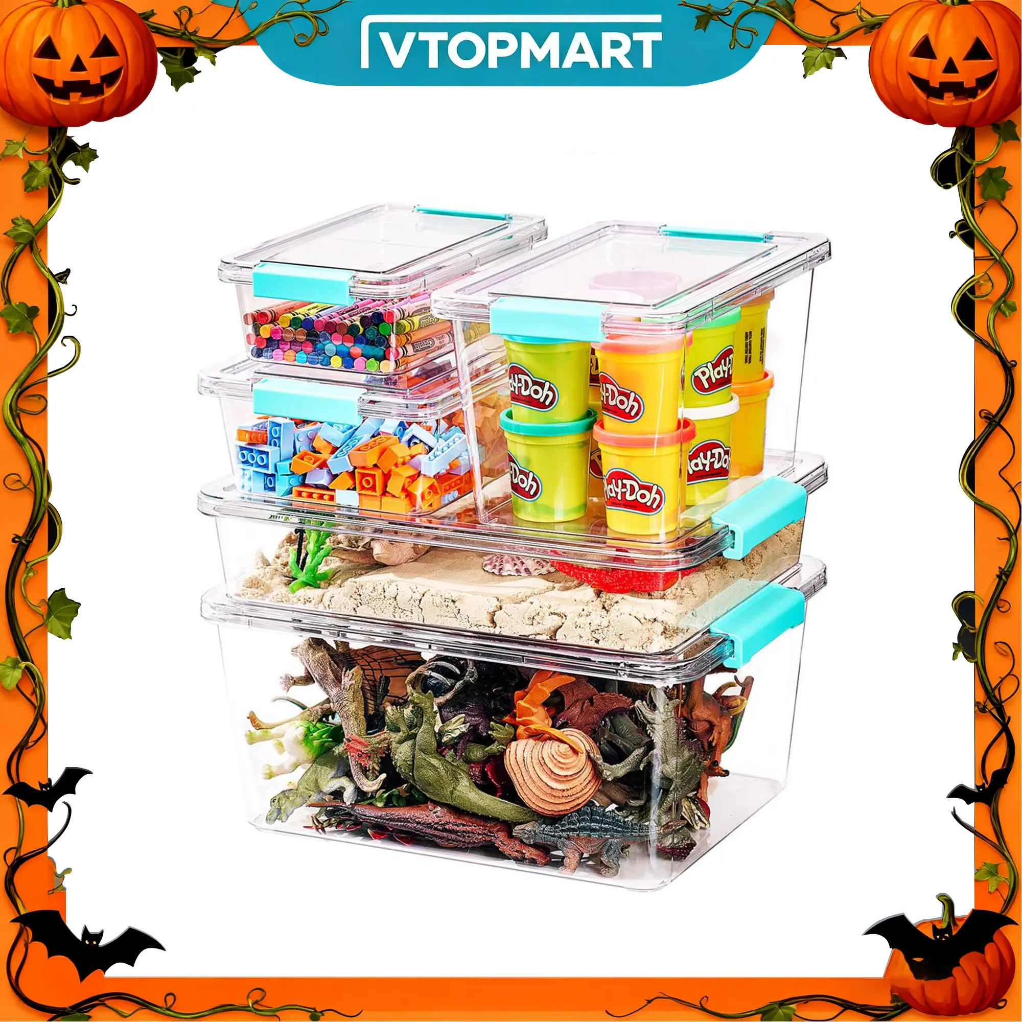 【Christmas Gifts Storage】Vtopmart 5 Pack Combo Clear Storage Bins with Lids and Latches, 1.5-12QT Stackable Plastic Storage Box for Homeschool, Classroom, Office, Craft Room for Art & Craft Supplies, Stationery, Toys, Knitting, Black Friday