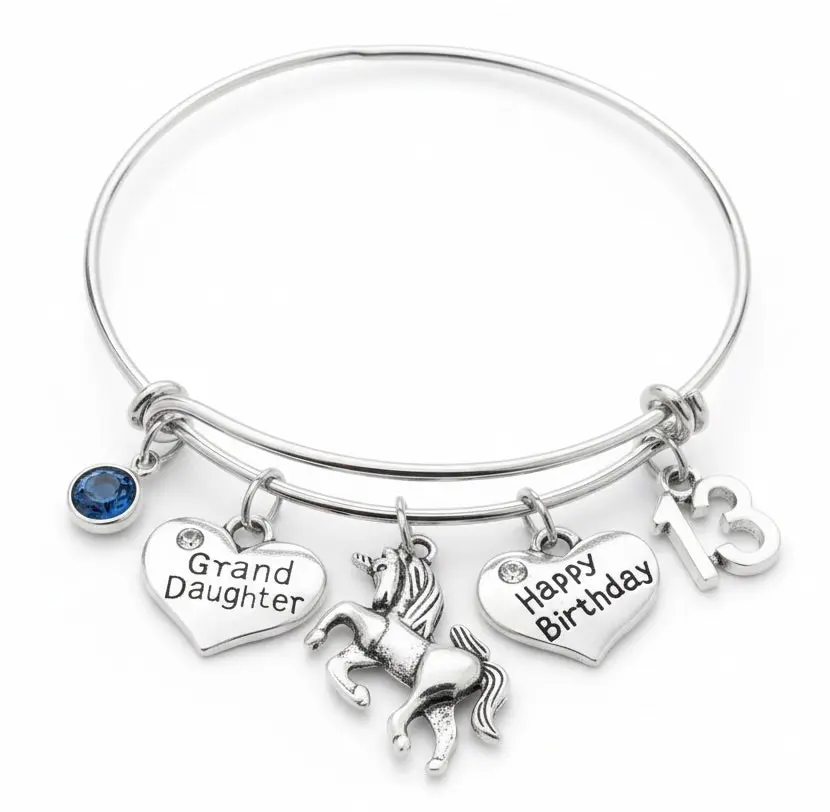 Granddaughter 13th Birthday Bracelet | Unicorn & Birthstone Charm | Silver Expandable Bangle | Personalized Gift