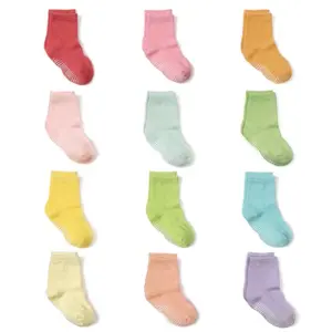 12 Pack Non Slip Kids Toddler Baby Socks with Grips for 1-7 Years Boys Girls Cotton Crew Socks