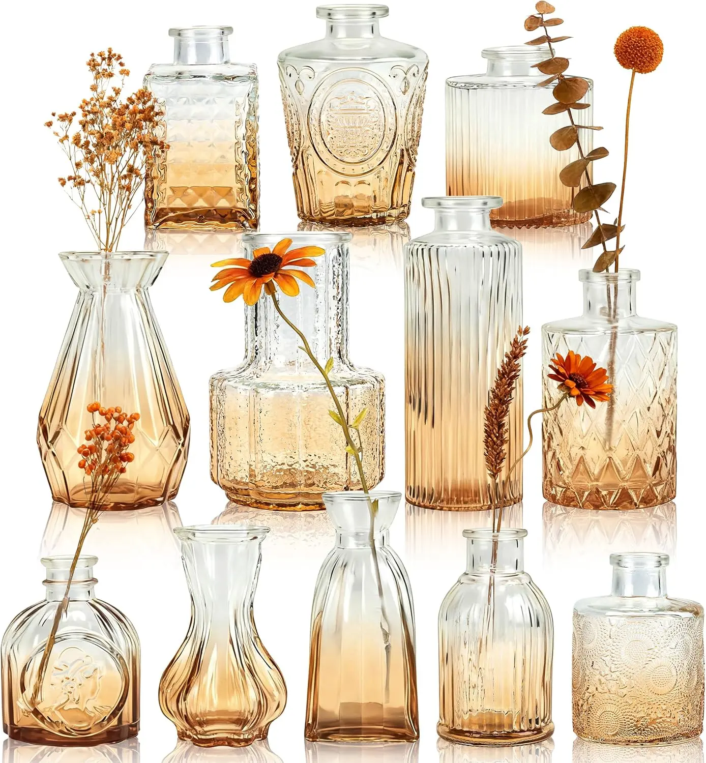 Der Rose 12pcs Amber Glass Bud Flower Vases - Decorative Gift for Wedding Centerpieces, Dining Table Fall Decor | Light-catching Textured Glass, Secure Protective Packaging, Cozy Autumn Accent