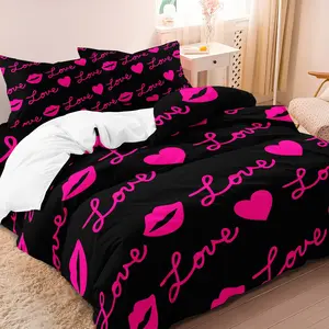 3pcs Romantic Pink Love Lips Print Cover Cartoon Duvet Cover， For Bedroom Decor Bedclothes Decorative Bedding Set (1 * Duvet Cover+2 * Pillowcase, No Comforter, No Pillow Core)