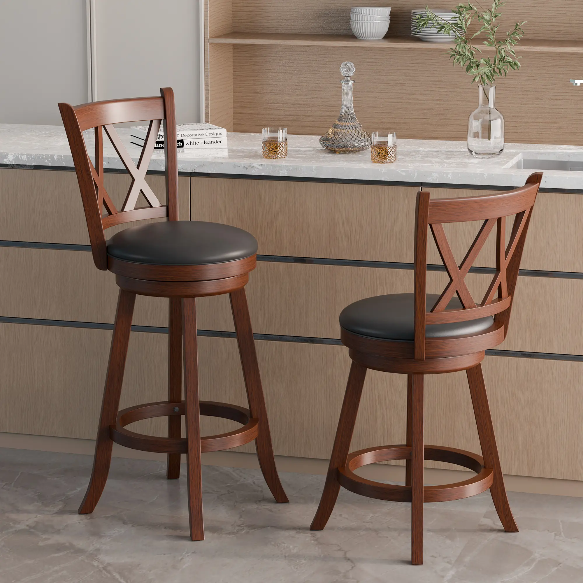 Topwin 2-Piece Counter Height Barstools - 29" 360-Degree Swivel X-Back Modern Dining Chairs with Upholstered Cushioned Seats, Wood Indoor Furniture