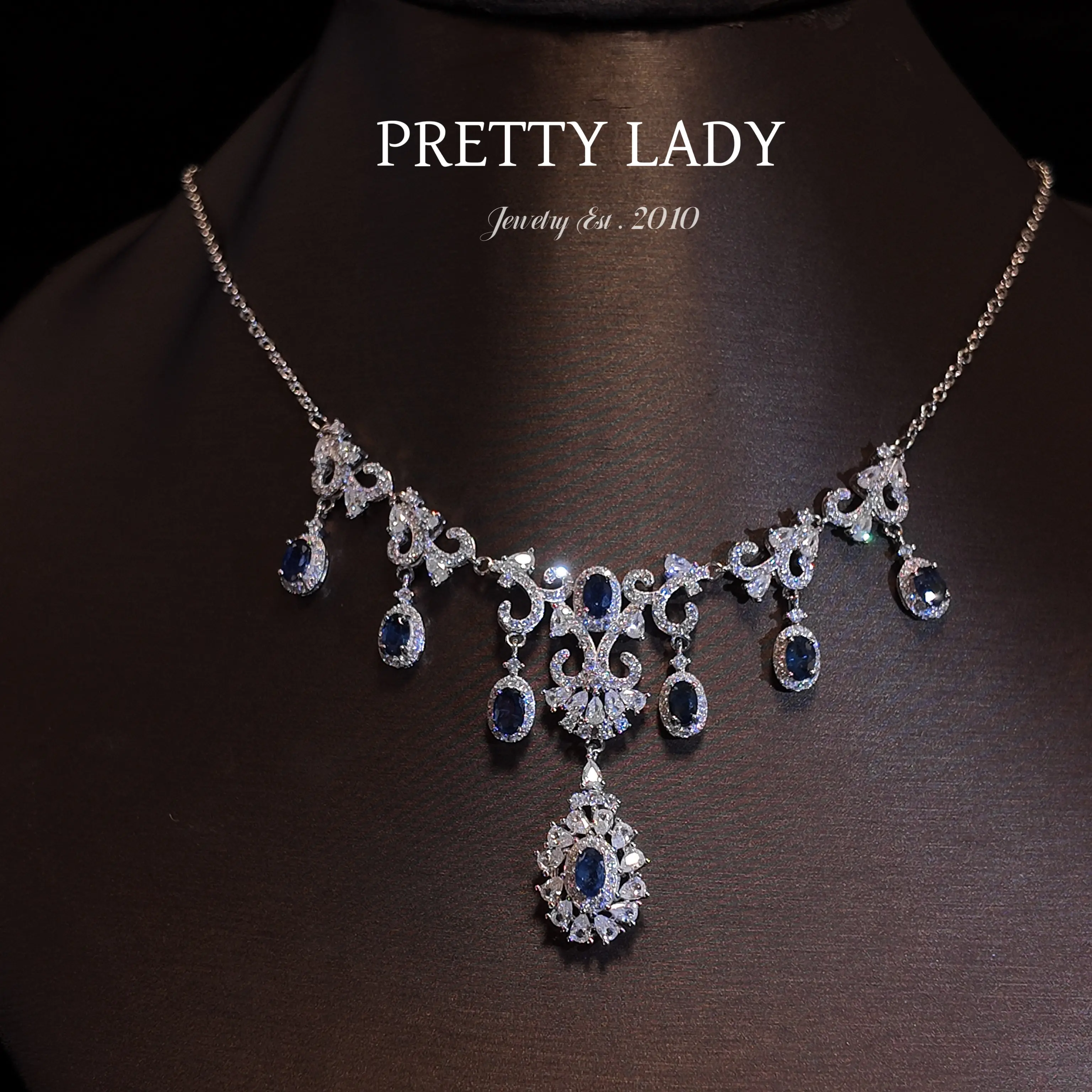 Natural Blue Sapphire Necklace in S925 Sterling Silver, Vintage Courtly Style with Tiered Fringe