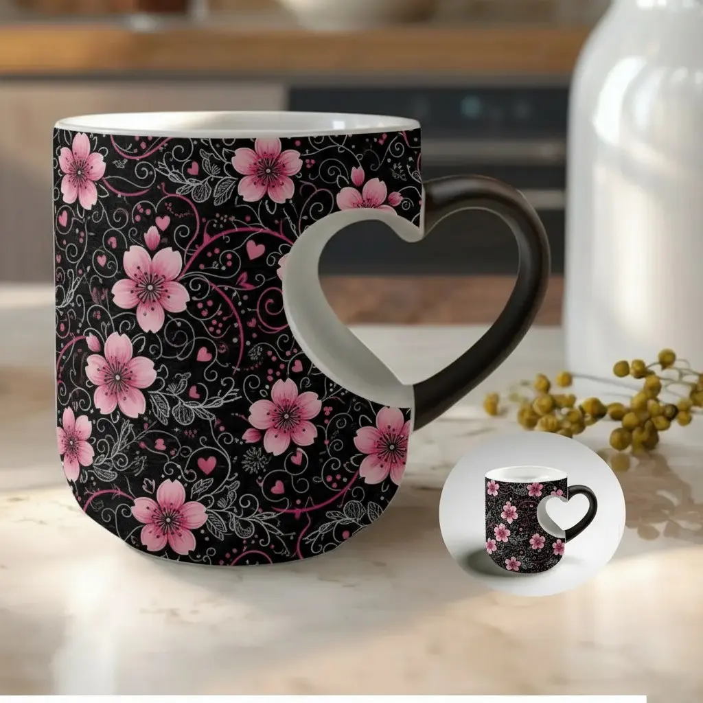 Thermosensitive Ceramic Coffee Mug, Pink Cherry Blossom & Filigree Vine Pattern with Heart Accents, Unique Heart-Shaped Handle, 11 Oz/330ML Capacity, Color-Changing Insulated Cup for Hot Beverages
