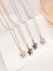 1 Creative Five-Pointed Star Diamond-Studded Necklace: Gold-Plated Copper with Full Diamond Setting / Two-Tone Rainbow Gradient Pendants – Fashionable, Affordable Luxury Collar Necklace for Women – Unique Accessory for Everyday Style