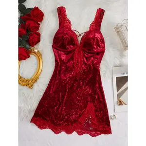 Women's Solid Color Lace Splicing Velvet Nightgown, Deep V Backless Slit Night Dresses, Comfortable Lingerie Valentine's Day Gift Sleep Dress