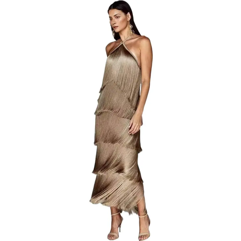 Women’s Halter Fringe Maxi Dress, Sleeveless Open Back Side Slit Long Dress, Elegant Ice Silk Party Dress for Dinner, Vacation, Date Night, Resort and Going Out Looks S-XL
